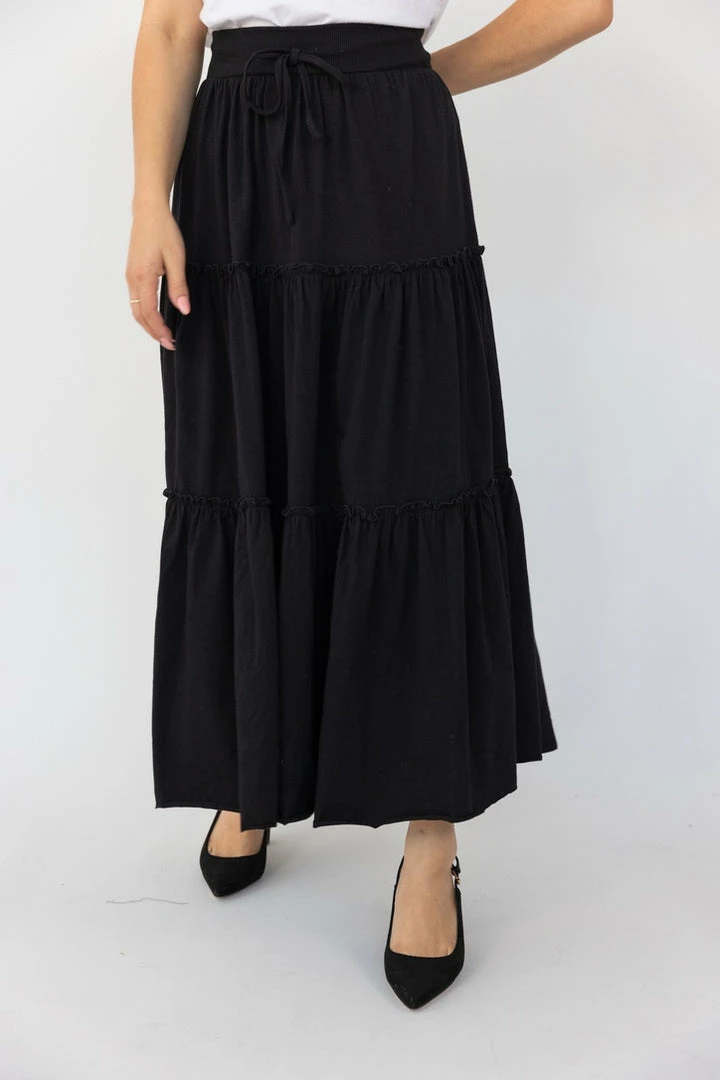 Among The Brave Fashion Tamara Black Tie Waist Tiered Jersey Midi Skirt