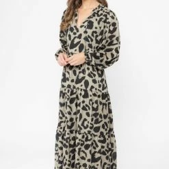 Seeking Lola Composed Khaki Leopard Mid Sleeve Frill V Neck Tiered Midi Dress