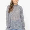 Seeking Lola Walk This Way Blue Floral LS Shirred Top Fashion