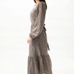 Among The Brave Fashion Ocean Black Ditsy Floral LS Balloon Sleeve Wrap Tiered Midi Dress