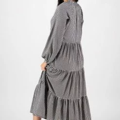 Among The Brave Aida Black Gingham LS Puff Sleeve Button Front Tiered Maxi Dress