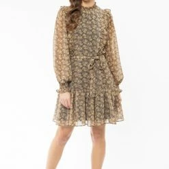 Seeking Lola Wondrous Marigold Petal LS High Neck Frill Smock Dress Fashion