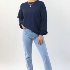 Among The Brave Carefree Navy Slouchy Puff Sleeve Knit Fashion