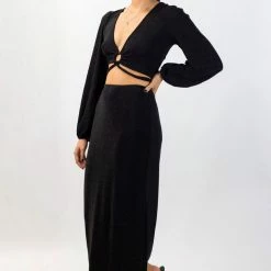 Among The Brave Interstellar Black Shimmer High Split Midi Skirt