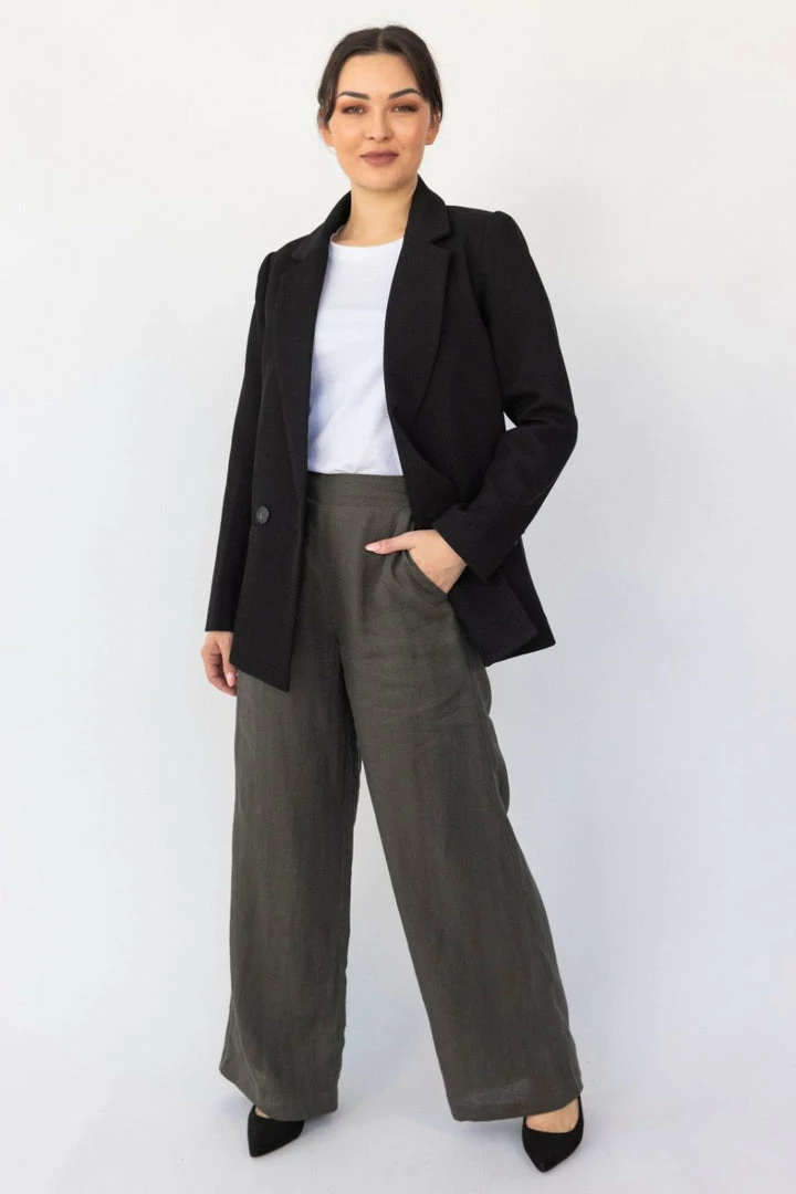 Among The Brave Freedom Dark Khaki Flat Front Deep Waistband Wide Leg Linen Pant Fashion