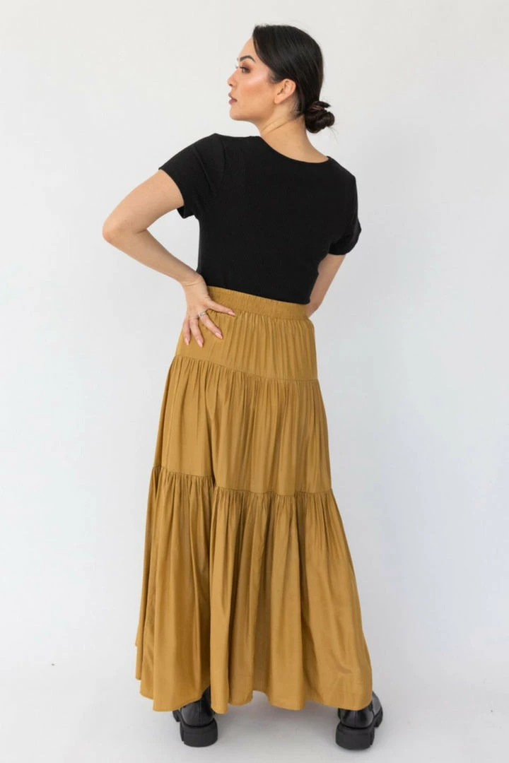 Among The Brave Sensational Gold Tiered Satin Tie Waist Maxi Skirt Fashion