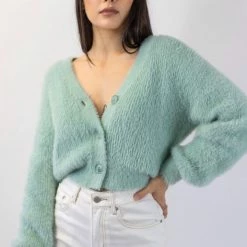 Among The Brave Fashion Tender Sage Fluffy Blousen Sleeve Cropped Cardigan