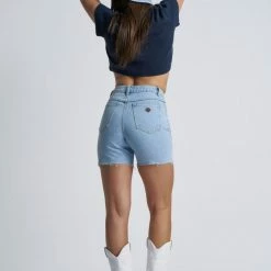 Abrand Jeans Fashion A Claudia Cut Off Mid Thigh Walk Away Blue Denim Short