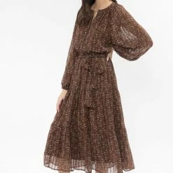 Billie The Label Vivacious Brown Floral Mid Sleeve V Neck Tiered Midi Dress