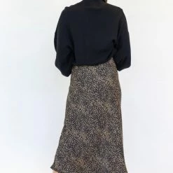 Ivy + Jack Fashion Ivy Black Mini Leopard Satin Midi Bias Skirt