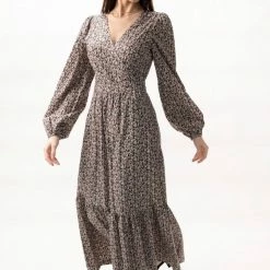 Among The Brave Fashion Ocean Black Ditsy Floral LS Balloon Sleeve Wrap Tiered Midi Dress