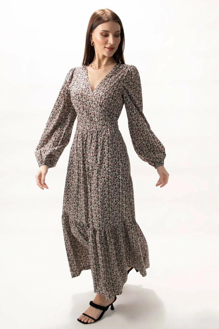 Among The Brave Fashion Ocean Black Ditsy Floral LS Balloon Sleeve Wrap Tiered Midi Dress