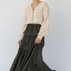 Among The Brave Sensational Dark Khaki Tiered Satin Tie Waist Maxi Skirt