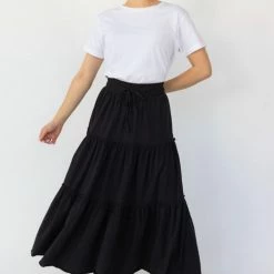Among The Brave Fashion Tamara Black Tie Waist Tiered Jersey Midi Skirt
