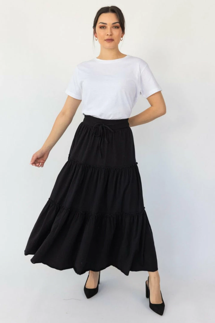 Among The Brave Fashion Tamara Black Tie Waist Tiered Jersey Midi Skirt