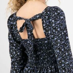 Among The Brave Fashion Alana Blue Floral Tie Back LS Shirred Body Tiered Dress