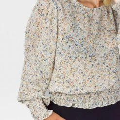 Among The Brave Fashion Pure Ivory Ditsy Botanic LS Georgette Puff Sleeve Shirred Hem Top