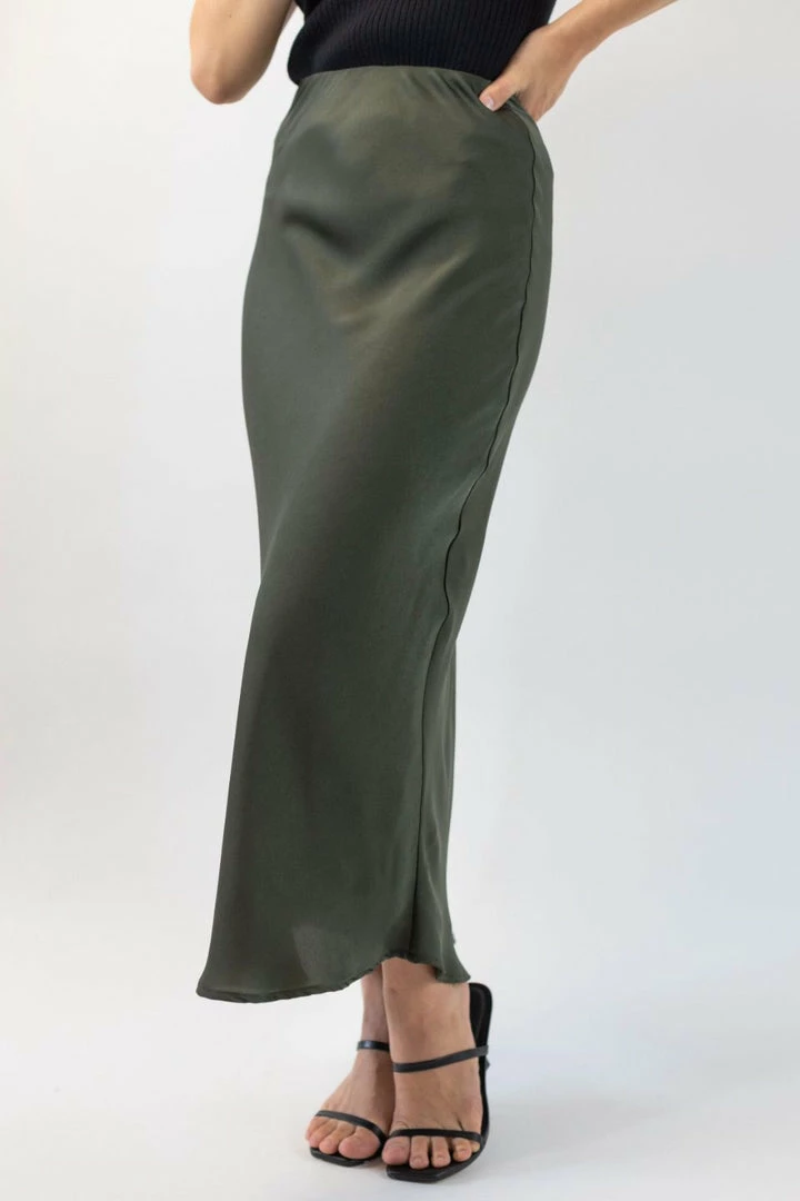 Ivy + Jack Fashion Ivy Khaki Washer Satin Midi Bias Skirt