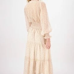 Ivy + Jack Fashion Charlie Natural Floral Crinkle LS Frill V Neck Tiered Midi Dress