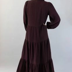 Ivy + Jack Remi Raisin Cotton LS Frill V Neck Maxi Shirt Dress Fashion