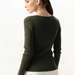 Among The Brave Desire Dark Khaki LS V Neck Rib Knit Top