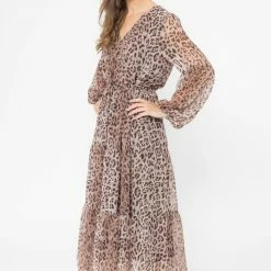 Seeking Lola Fashion Santa Maria Rust Leopard LS Tiered Midi Dress