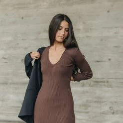 Among The Brave Fashion Skillful Tobacco Rib Knit LS V Neck Midi Dress