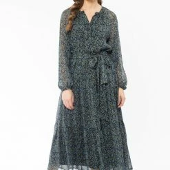 Billie The Label Admiration Blue Floral Textured LS Tie Waist Midi Dress
