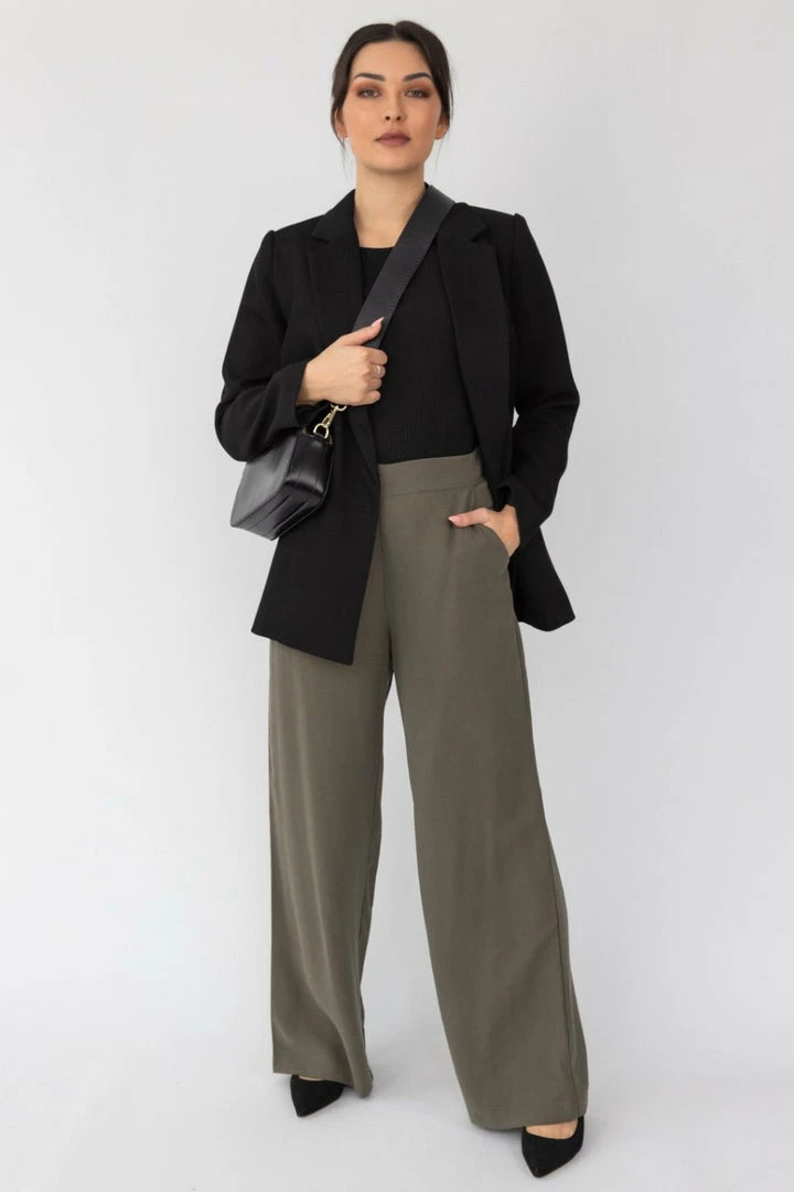 Among The Brave Effortless Khaki Viscose Deep Band Wide Leg Pant Fashion