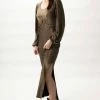 Among The Brave New Moon Gold Shimmer LS Puff Sleeve Ring Midi Dress Fashion