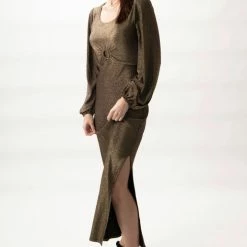 Among The Brave New Moon Gold Shimmer LS Puff Sleeve Ring Midi Dress Fashion