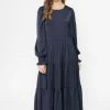Seeking Lola Fashion Day Dream Navy Satin LS Tiered Midi Dress