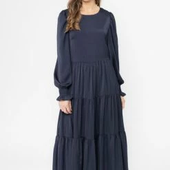Seeking Lola Fashion Day Dream Navy Satin LS Tiered Midi Dress
