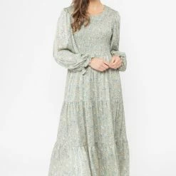 Billie The Label Awaken Olive Floral Shirred Bodice LS Tiered Maxi Dress Fashion
