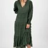 Ivy + Jack Fashion Jessie Hunter Green Shirred Cotton LS Tiered Midi Dress