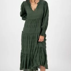 Ivy + Jack Fashion Jessie Hunter Green Shirred Cotton LS Tiered Midi Dress