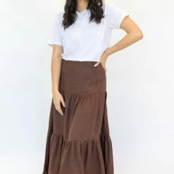 Among The Brave Fashion Blazing Chocolate Tiered Linen Midi Skirt