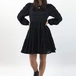 Ivy + Jack Fashion Bella Black Shirred Cotton LS Tiered Mini Dress