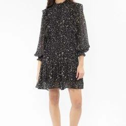 Seeking Lola Fashion Wondrous Black Glitter LS High Neck Frill Smock Dress