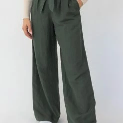 Among The Brave Galaxy Khaki Paper Bag Tie Waist Wide Leg Linen Pant Fashion