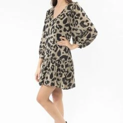 Seeking Lola Miraculous Khaki Leopard Mid Sleeve Smock Dress