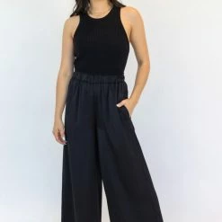 Among The Brave Super Luxe Black Elastic Waist Wide Leg Satin Pant Fashion