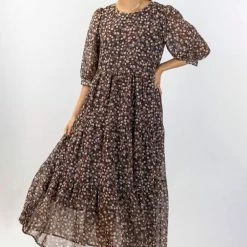 Among The Brave Lucid Chocolate Floral Puff Half Sleeve Tiered Maxi Dress