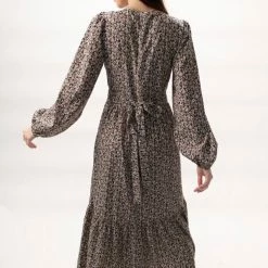 Among The Brave Fashion Ocean Black Ditsy Floral LS Balloon Sleeve Wrap Tiered Midi Dress