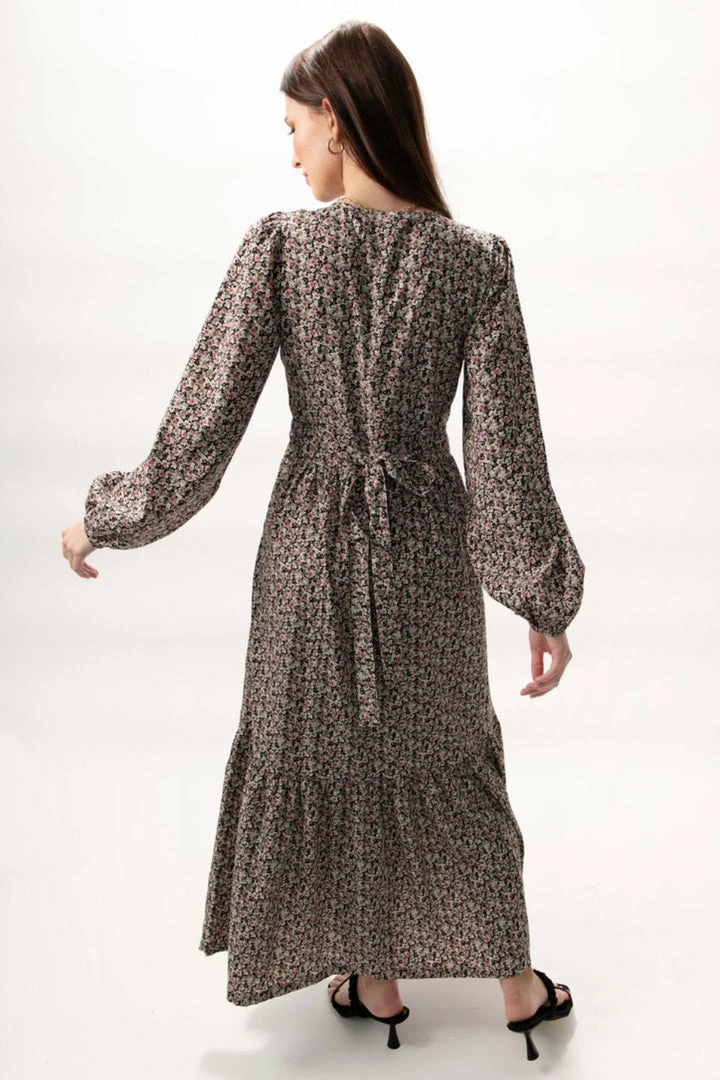 Among The Brave Fashion Ocean Black Ditsy Floral LS Balloon Sleeve Wrap Tiered Midi Dress