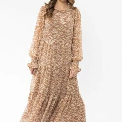 Seeking Lola Fashion Mia Caramel Leaves Blouson Sleeve Tiered Maxi Dress