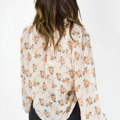Among The Brave Fashion Surreal Peach Floral LS Shirred Puff Sleeve High Neck Top