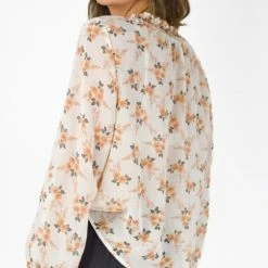 Among The Brave Fashion Surreal Peach Floral LS Shirred Puff Sleeve High Neck Top