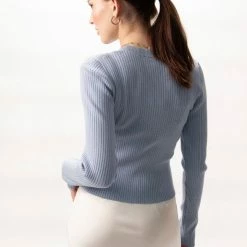 Among The Brave Inspired Soft Blue LS Rib Knit Cropped Crew Neck Top