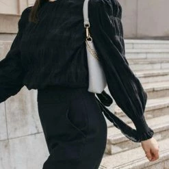 Ivy + Jack Grace Black Shirred Cotton LS Back Hem Tie Top Fashion